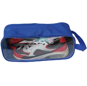 Blue waterproof travel shoe bag with transparent PVC window and carry handle