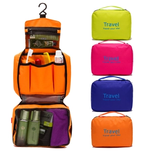 Waterproof travel toiletry bag with hanging hook and multiple mesh compartments for storage