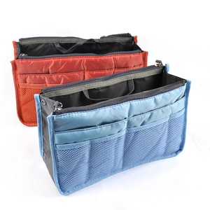 Orange and blue nylon handbag organizer inserts with zippers and breathable mesh pockets