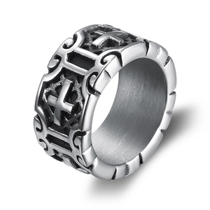 Vintage wide stainless steel punk ring featuring relief crosses and baroque patterns