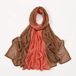 Brown and coral dual-tone lightweight crinkled cotton linen scarf for women