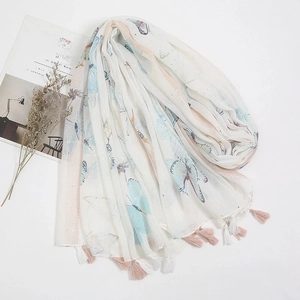 White scarf with blue butterfly print and pink tassels, elegant lightweight spring shawl