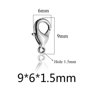 Detailed view of silver stainless steel lobster clasp showing 9x6x1.5mm dimensions