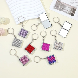 Mini Folding Makeup Mirror Keychain Rhinestone Square Metal Portable Decorative Bag Pendant For Women Gift
