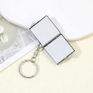 Portable silver rhinestone mini makeup mirror keychain with foldable square metal frame