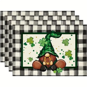 St. Patrick's Day linen placemats set of 4 with gnome, clover and car pattern