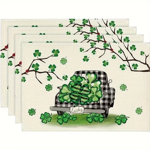 Set of 4 St. Patrick's Day linen placemats with green shamrock truck and lucky text print
