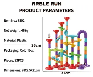 Detailed view of 93-piece plastic marble run maze toy with color box dimensions and specs