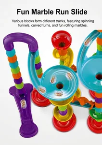 Close-up of colorful marble run tracks with fun funnels and spiral gravity blocks