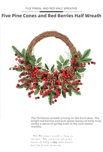 Macro detail of Christmas half wreath showing pine cones and red berries on a vine base