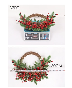 Detail view of 50cm Christmas wreath showing its 370g weight and precise diameter scale