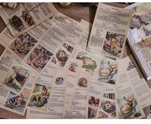 Detail of vintage dessert recipe scrapbooking paper with retro illustrations on aged paper