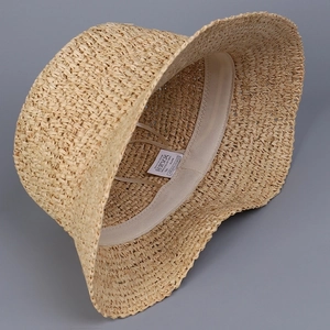 Handmade woven raffia straw sun hat with inner sweatband and adjustable drawstring