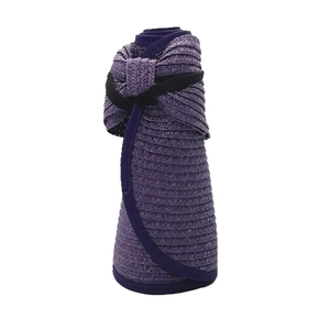 Detail of purple straw sun hat showing foldable roll-up design and woven texture
