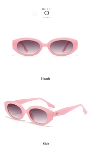 Detail view of pink oval retro sunglasses with gradient purple lenses and silver metal hinges