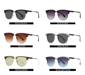 Macro display of six stylish square sunglasses color variants in a clean grid layout