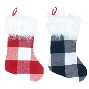 Pair of buffalo plaid Christmas stockings with plush white cuffs and hanging loops