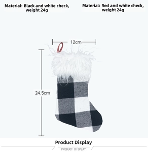 Detail view of buffalo plaid Christmas stocking with white faux fur trim and dimensions