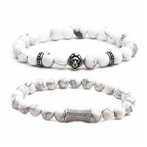 Howlite stone bracelets with silver lion head and sparkling paved zircon tube charm