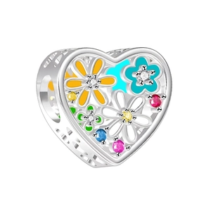 925 sterling silver heart charm with colorful enamel flowers and synthetic gemstones