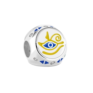 Detailed silver Eye of Horus charm bead with blue enamel and sparkling cubic zirconia