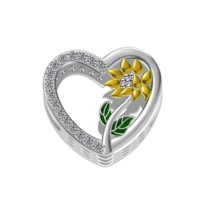 Detailed close-up of a silver heart-shaped sunflower charm with yellow enamel and zircons