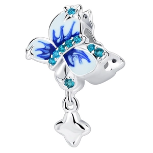 Blue enamel butterfly charm pendant with zircon inlay on polished silver metal