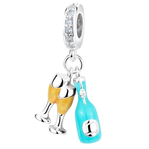 Astronaut star bear champagne bottle and glass charm pendant with sparkling cubic zirconia