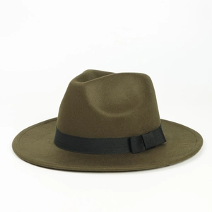 Detailed close-up of dark olive wool fedora hat with black grosgrain ribbon and bow