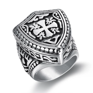 Vintage shield-shaped stainless steel ring featuring engraved cross totem in antique silver