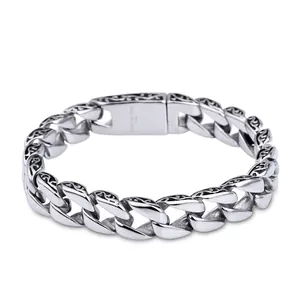 Men Cuban Link Bracelet 316L Stainless Steel Engraved Floral Pattern Retro Hip Hop Punk Streetwear Jewelry