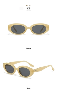 Macro views of cream oval sunglasses featuring sleek metal hinges and dark grey lenses