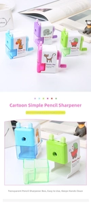 Detail view of manual pencil sharpener with removable transparent waste bin and handle