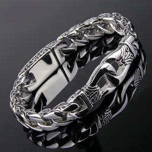 Vintage Men Carved 316L Stainless Steel Bracelet Punk Hip Hop Heavy Cuban Link Chain Polished Biker Jewelry Gift