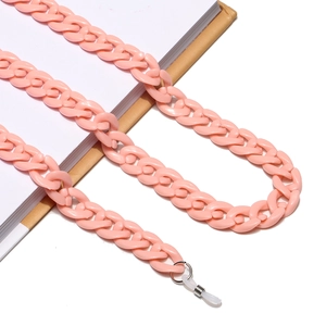Catenella per occhiali in acrilico rosa a maglie larghe con terminali in silicone bianco