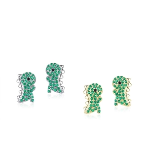 Boucles d'oreilles dinosaure en argent 925 avec zircons verts en fini or et argent