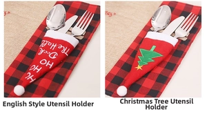 Détail de porte-couverts bonnet de Noël à carreaux rouges et noirs avec broderies festives