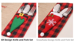 Détail de porte-couverts de Noël style lutin et flocon sur une nappe à carreaux