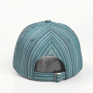 Rear view of striped tie-dye baseball cap with adjustable metal buckle and blue stripes