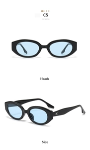Detailed views of oval black sunglasses with C5 light blue lenses and silver metal hinges