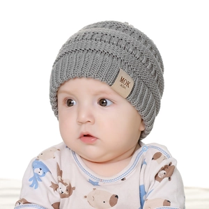 Soft knit baby winter hat in light grey featuring a premium leather brand patch