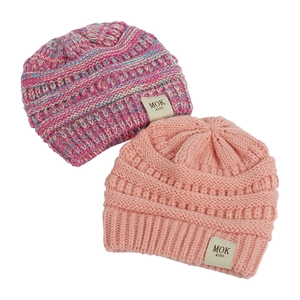 Detailed close-up of knitted texture and MOK logo labels on pink baby winter hats