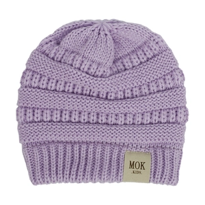 Close-up of lavender knit baby beanie with a leather MOK KIDS label detail