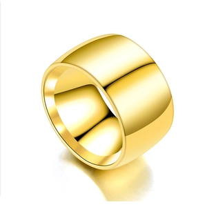 Polished wide band gold titanium steel ring for men on a clean white background
