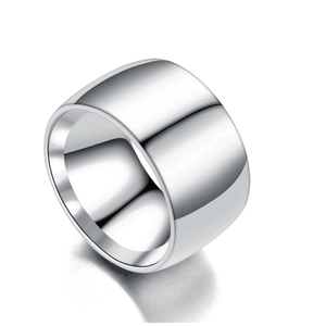 Polished silver titanium steel wide band ring for men with mirror finish on white background