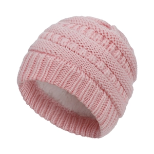 Detailed close-up of pink knit beanie showing warm fleece lining for babies 0-2 years