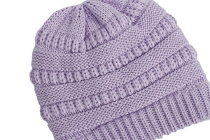 Detailed macro view of the thick lavender chunky knit baby beanie with ribbed cuff
