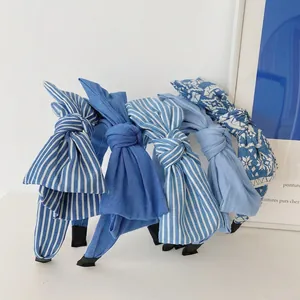 Women Bow Headband Wide Denim Fabric Striped Floral Pattern Sweet Korean Style Hair Hoop Styling Accessories Elegant