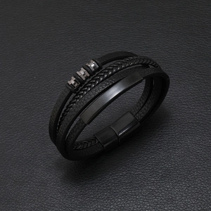 Men's multilayer black braided leather bracelet with metal beads and magnetic clasp
