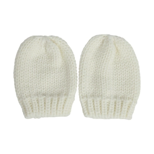 Detailed view of thick knit texture and ribbed cuffs on white baby mittens